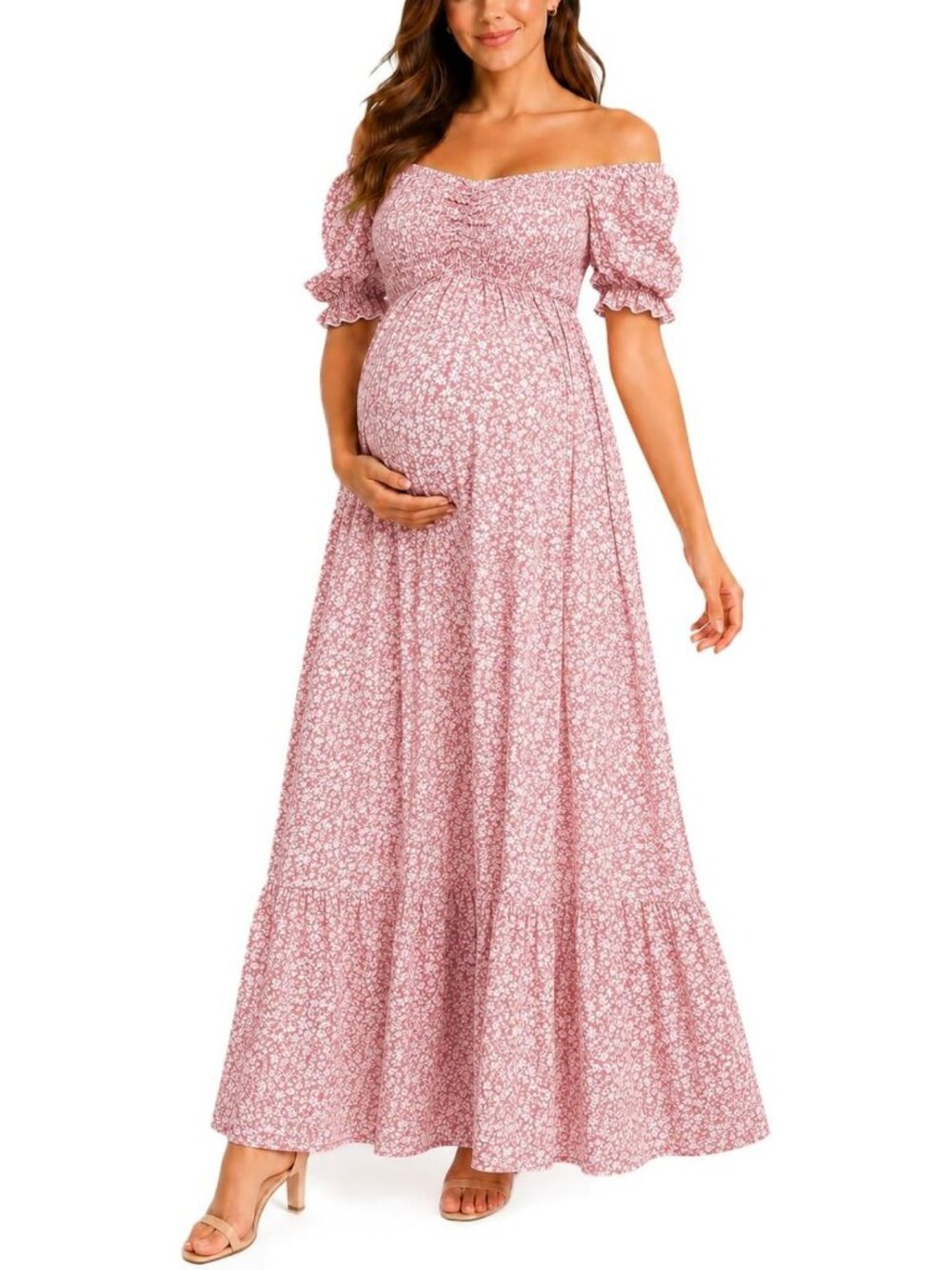 Boho Off-Shoulder Maternity Maxi Dress for Baby Shower & Photoshoot - Floral